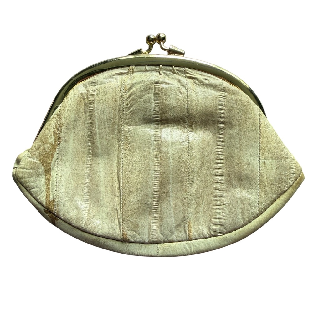 Lee Sands Vintage Eel Skin Coin Purse Cream Double Kiss Lock Small Wallet